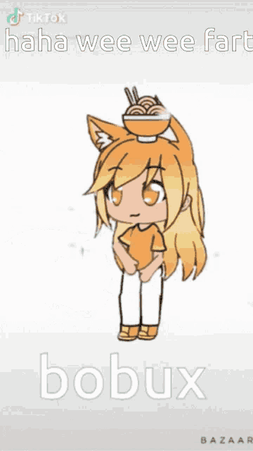 a drawing of a girl with a bowl of noodles on her head and the name bobux