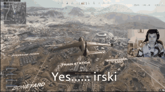 a computer screen shows a plane flying over a city and the words yes irski on the bottom