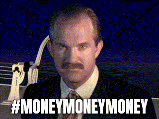 a man in a suit and tie is standing in front of a ship with the words #moneymoneymoney written below him