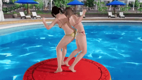 two women in bikinis are dancing in front of a pool in a video game .
