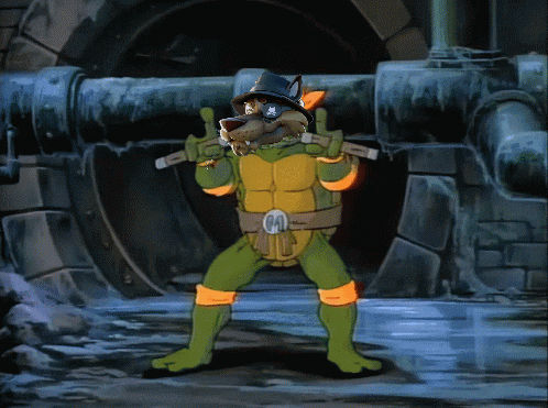 a cartoon of a turtle wearing a hat and holding a gun with the letter m on it