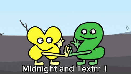 two cartoon characters are hugging each other and the words midnight and textrr are below them