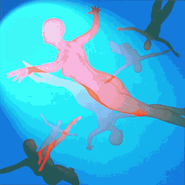 a painting of a woman flying through the air with a blue background