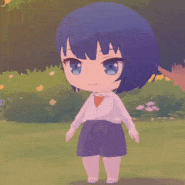 a little girl with blue hair and blue eyes is standing in a field