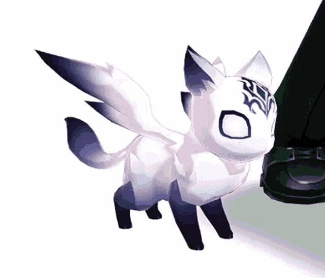 a white and black cat with wings is standing next to a green object on a white background .