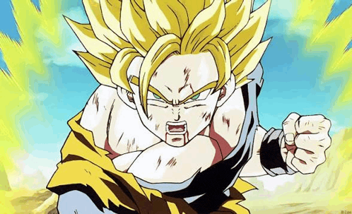 a close up of a cartoon character with a fist in the air and a blue sky in the background .