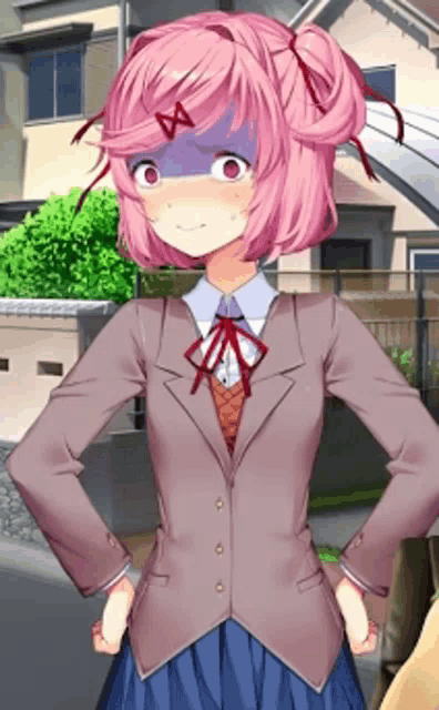 a girl with pink hair is wearing a suit and a bow tie
