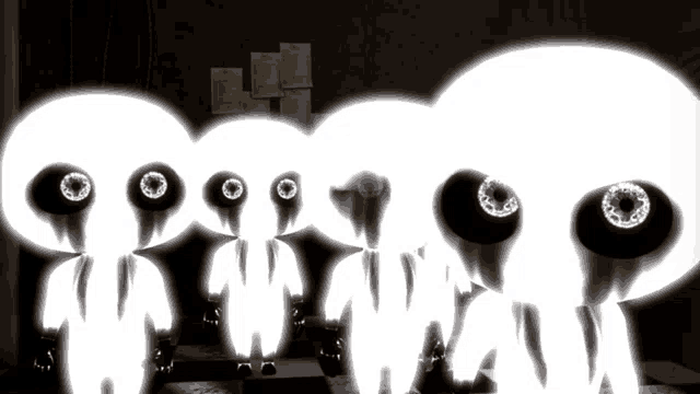 a group of white ghosts with black eyes are standing in a dark room