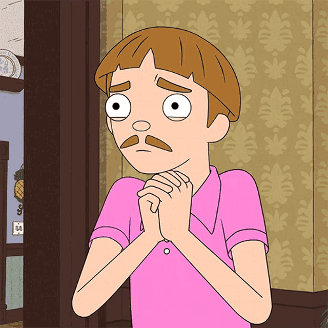 a cartoon of a man with a pink shirt and a mustache