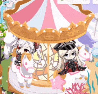 two anime girls are riding a merry go round in a park