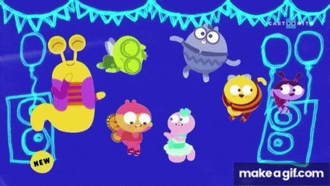 a group of cartoon characters are dancing in front of speakers .