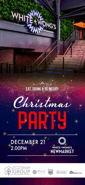 an advertisement for a christmas party at white + wong 's