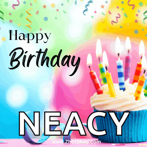a birthday card for neacy with a cupcake with candles on it