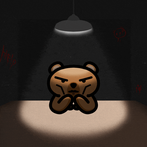 a cartoon teddy bear is sitting in a dark room