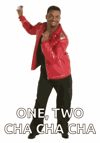 a man in a red jacket is dancing with the words one , two , cha cha cha written below him .