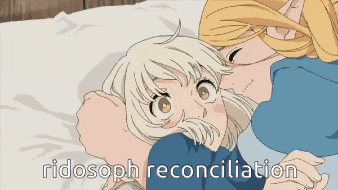 two anime girls laying on a bed with the words " ridosoph reconciliation " above them