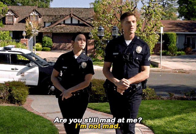 two police officers are walking down a sidewalk and one of them is asking the other if he is still mad