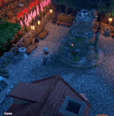 a man sits on a bench next to a fountain in a video game with the words " встать " on the bottom
