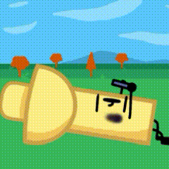 a cartoon drawing of a flashlight laying on the grass with trees in the background