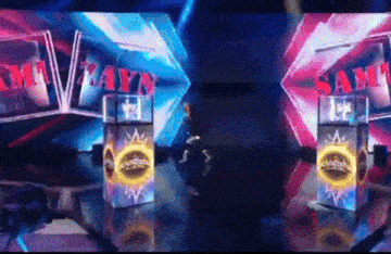 sam and zayn are on a stage in front of a large screen