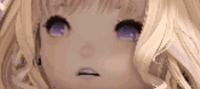 a close up of a doll 's face with purple eyes and a surprised look on her face .