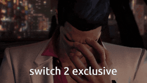 a man covering his face with his hands and the words " switch 2 exclusive " on the bottom
