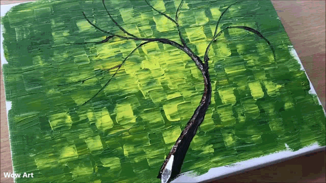 a painting of a tree on a green background with wow art below it