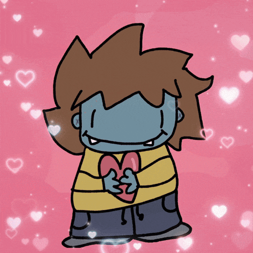a cartoon of a boy holding a heart with hearts surrounding him