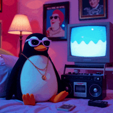 a stuffed penguin wearing sunglasses and a chain sits next to a boombox