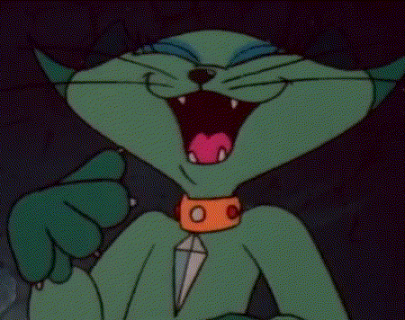 a green cartoon cat with a diamond collar is yawning