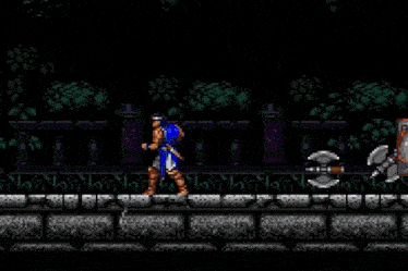 a pixel art of a knight holding a shield fighting another knight with axes .