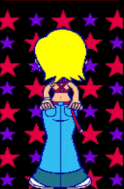 a cartoon girl with blonde hair is standing in front of a pattern of red and purple stars