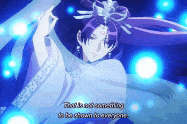 a purple haired anime character with a quote that is not something to be shown to everyone