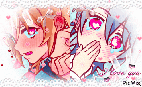 a couple of anime characters with the words " i love you " on the bottom right