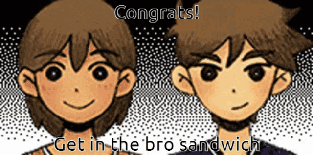 two cartoon characters with the words congrats get in the bro sandwich above them