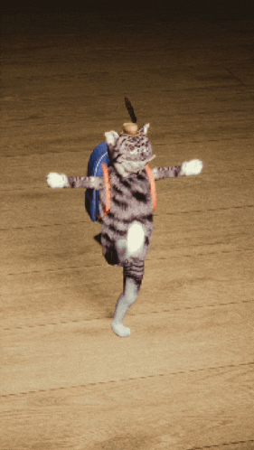 a cat with a backpack on its back dancing