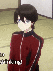 a boy in a red jacket is standing next to a sign that says " i 'm thinking ! "