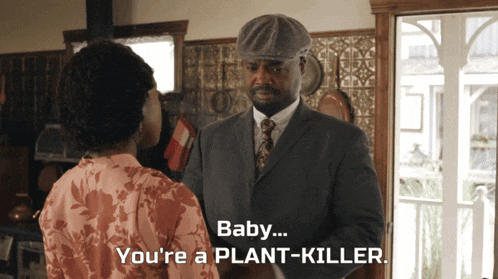 a man in a suit talks to a woman who says baby you 're a plant killer