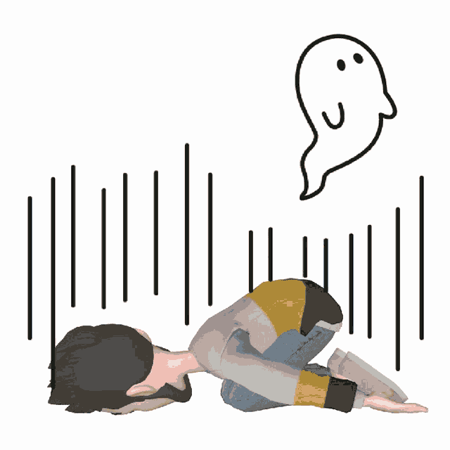 a cartoon character is kneeling down with a ghost behind him