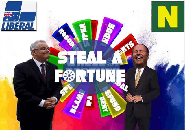 two men are shaking hands in front of a colorful steal a fortune wheel