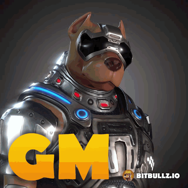 a picture of a dog wearing armor with the word gm behind him
