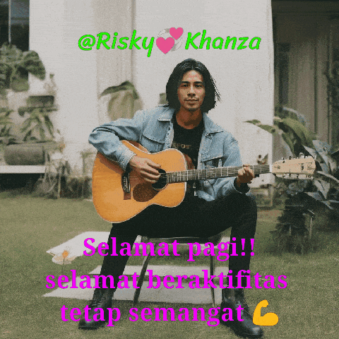 a man sitting on a chair playing a guitar with the words selamat pagi