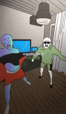 a cartoon of a man holding a sign that says ' winning trade ' on it