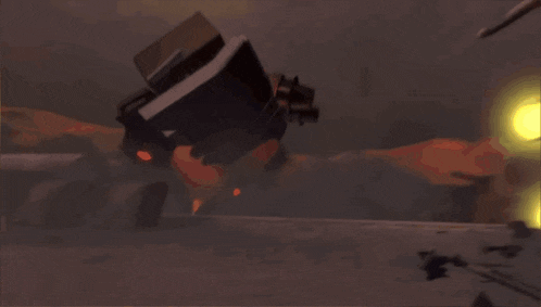 a cartoon of a car being destroyed by a huge explosion