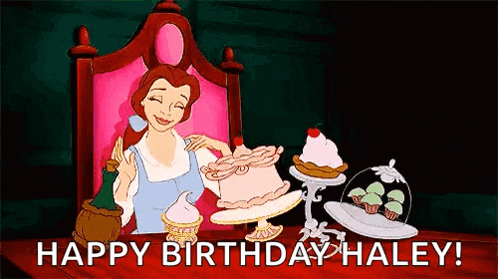 a cartoon of belle from beauty and the beast holding a cake and cupcakes .