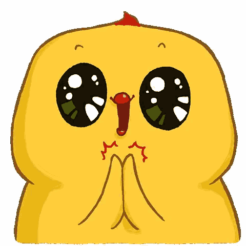 a cartoon chicken is making a surprised face with its hands folded in front of its face .