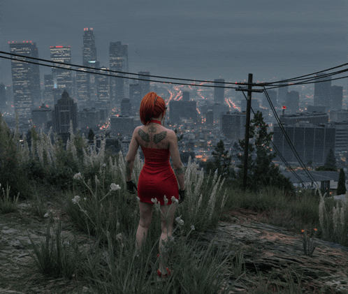 a woman with a tattoo on her back stands in front of a city