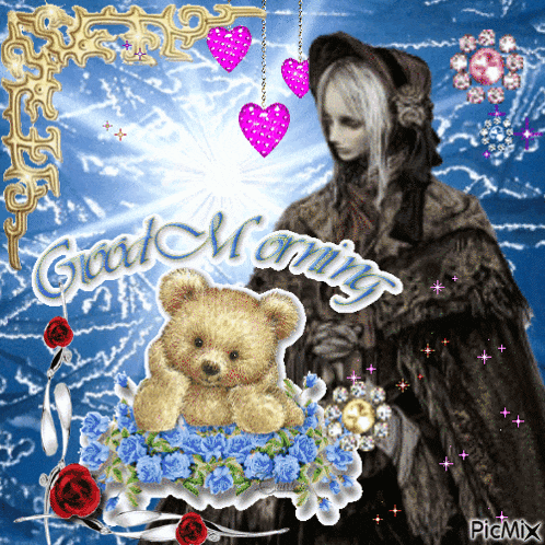 a picture of a woman and a teddy bear with the words good morning written on it