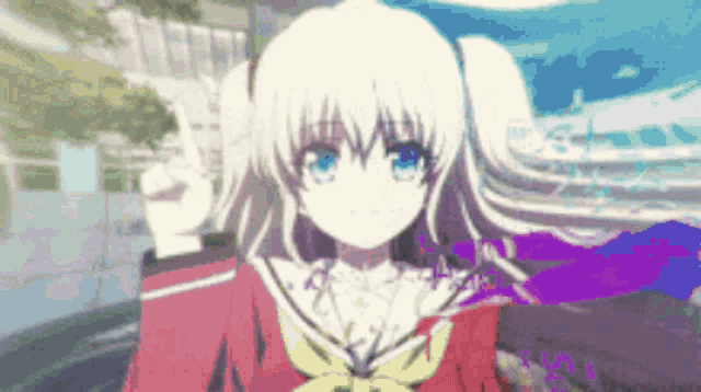 a girl with blonde hair and blue eyes is wearing a red jacket and a yellow bow tie
