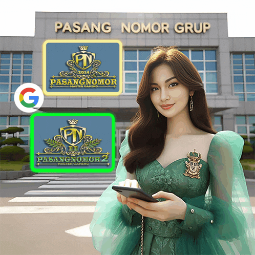 a woman in a green dress holding a cell phone in front of a building that says pasang nomor grup